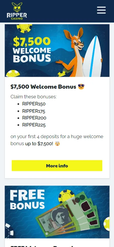 Ripper Casino promotions area on a mobile browser